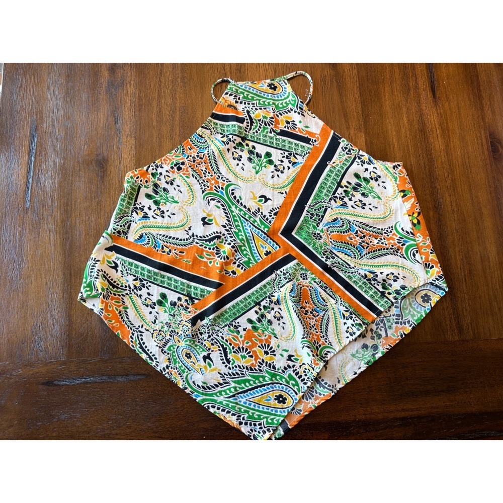 Zara Womens Halter Neck Paisley Scarf Print Handkerchief Hem Top Orange Green M - Picture 3 of 4